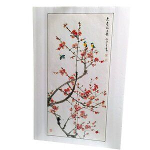 Vintage Chinese Plum Blossom Painting Signed Bird Art Watercolor On Paper 27x13